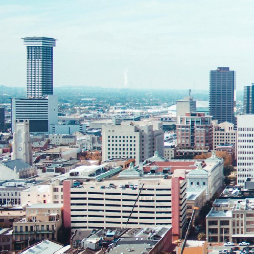 Aerial view of New Orleans' downtown skyline.